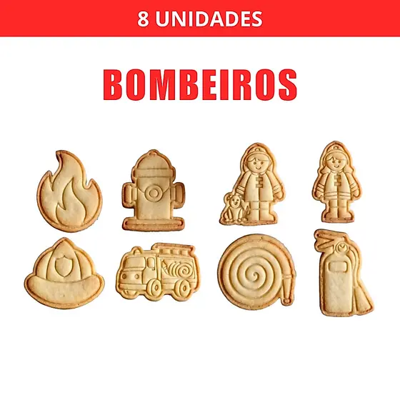 Kit 8 Cortadores e Carimbos de Biscoito Bombeiros com Puxador Profissional