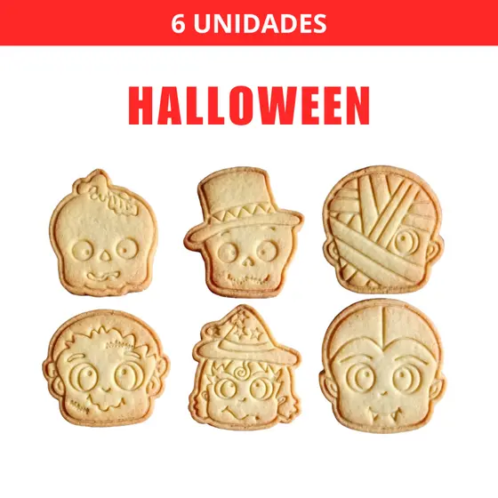 Kit 6 Cortadores e Carimbos de Biscoito Halloween Dia das Bruxas com Puxador