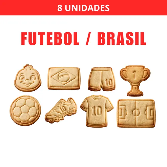 Kit 8 Cortadores/Marcadores de Biscoito de Futebol/Brasil com Puxador