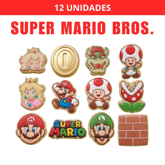 Kit 12 Cortadores e Carimbos de Biscoito Super Mario Bros. Completo com Puxador