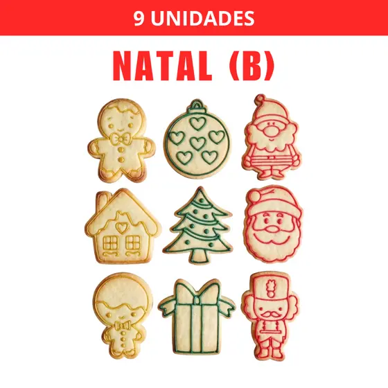 Kit 9 Cortadores e Carimbos de Biscoito Natal Fim de Ano (Coleção B) com Puxador