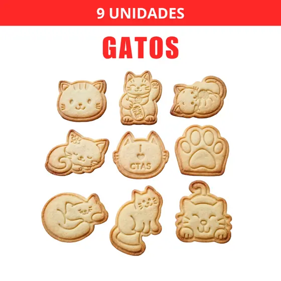 Kit 9 Cortadores e Carimbos de Biscoito Gatos com Puxador Profissional