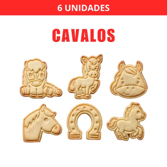 Kit 6 Cortadores e Carimbos de Biscoito Cavalos com Puxador Profissional