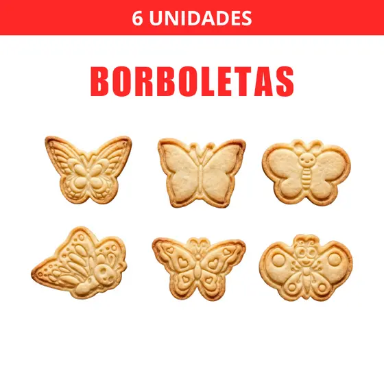 Kit 6 Cortadores e Carimbos de Biscoito Borboletas com Puxador Profissional