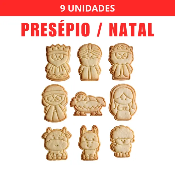 Kit 9 Cortadores e Carimbos de Biscoito de Presépio/Natal com Puxador
