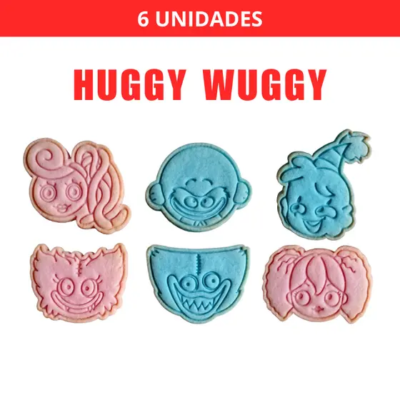 Kit 6 Cortadores e Carimbos de Biscoito Poppy Playtime Huggy Wuggy com Puxador