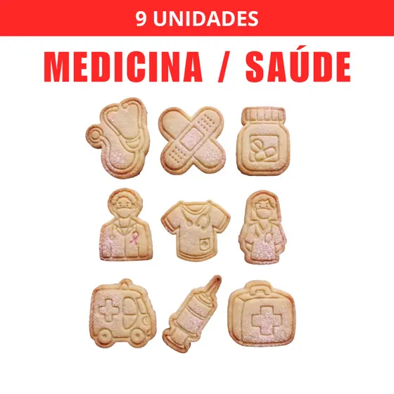 Kit 9 Cortadores e Carimbos de Biscoito Medicina/Saúde com Puxador Profissional