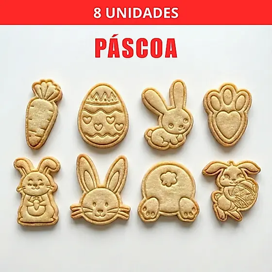 Kit 8 Cortadores/Marcadores de Biscoito de Páscoa/Coelhos com Puxador