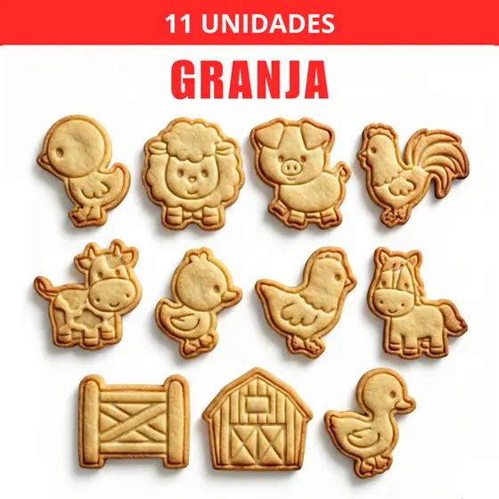 Kit 11 Cortadores/Marcadores de Biscoito de Granja Animais Fazendinha com Puxador