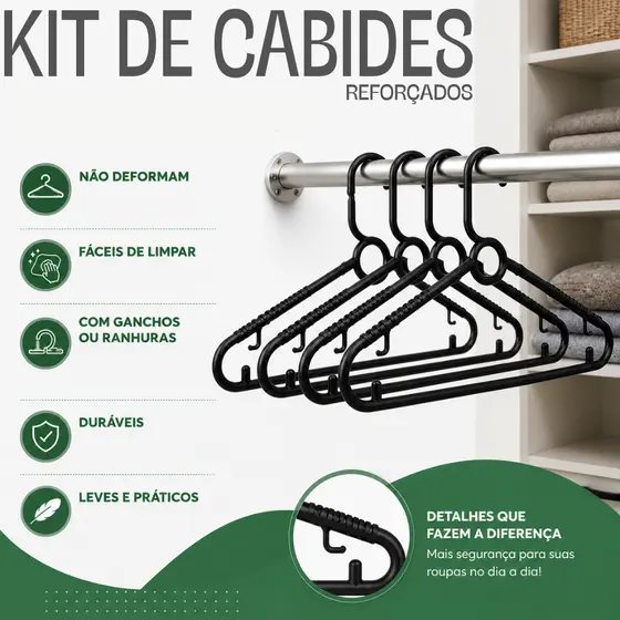 Kit com 10/12/15/20/25/30/50 Cabides Cor Preto Reforçado para Roupa