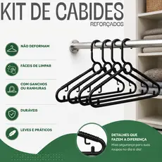 Kit com 10/12/15/20/25/30/50 Cabides Cor Preto Reforçado para Roupa