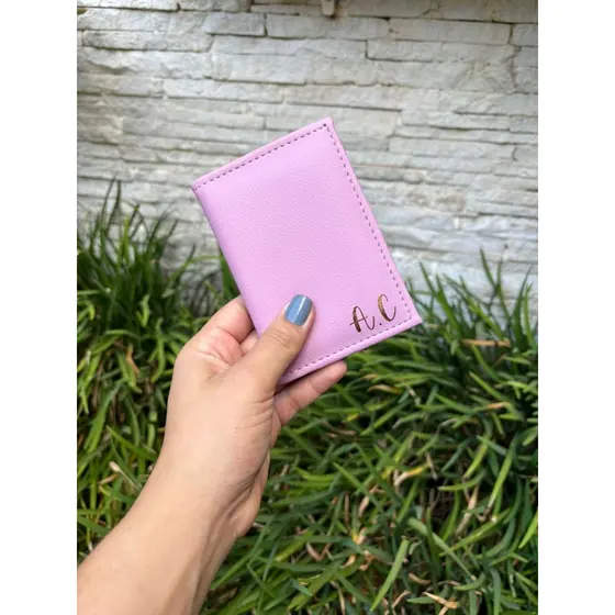 Porta Cartão Feminino Compacto Em Couro Sintético Personalizado Com Iniciais