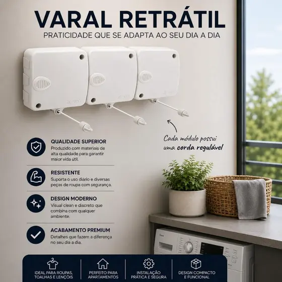 Varal Retrátil Automático Modular de Parede Stendmax Maxeb 6m Cada Corda suporte 6kg cada