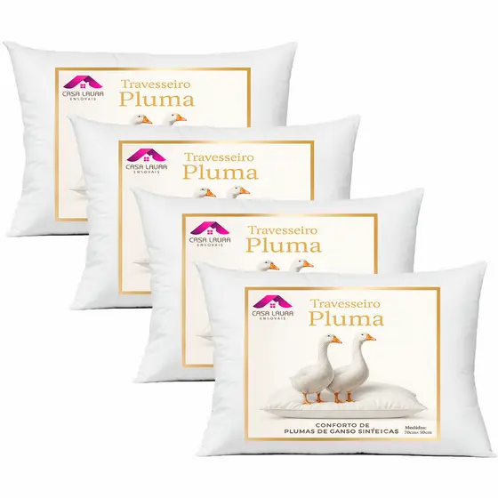 Kit 4 Travesseiros Penas e Plumas de  Ganso Macio Branco Para Cama Confortável Sintético