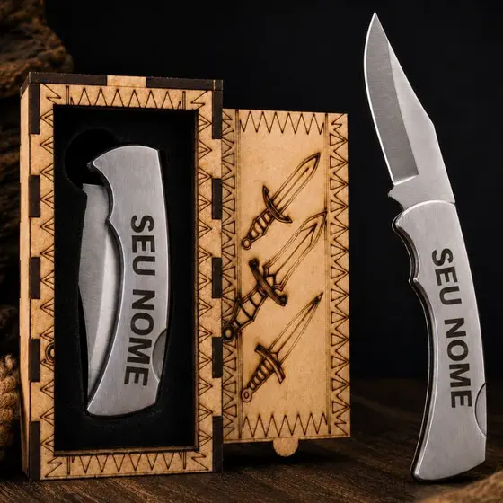 Canivete Personalizado Nome a Laser Resistente Multiuso Camping Pesca Trilha Inox Bolso + Expositor