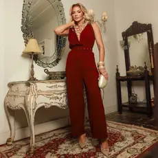 Macação Feminino Pantalona Alfaiataria Transpassado Com Cinto