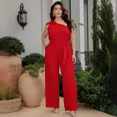 Macacão Pantalona Feminino Longo Elegante Ombro Único com Cinto de Pano