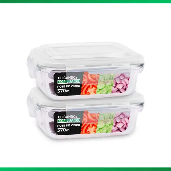 Kit 6 Potes Hermético Marmita 4 Travas Vidro Quadrado 370ml