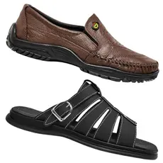 Kit Sapato  Mocassim e Sandália Chinelo Masculino Couro Legítimo Casual Ortopédico Confortável