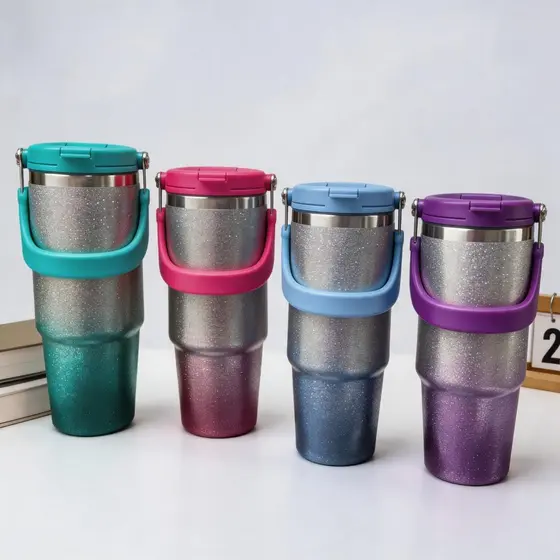 Copo Térmico Aço Inox com canudo parede dupla a vácuo quente e frio 900ml brinlhante diamante MARAVILHAR