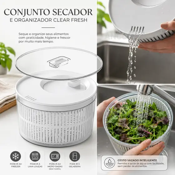 Secador de Salada 5,5l Centrifuga com Tampa de Acrílico Manual Giratório Organizador de Geladeira Ou Kit Completo