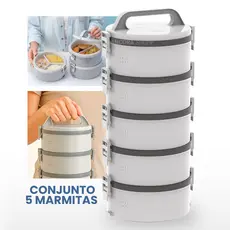 Kit 5un Marmita Térmicas 1,5L 5 Andares Marmitex Pote Hermético Vasilha Tampa e Trava Soprano Cinza