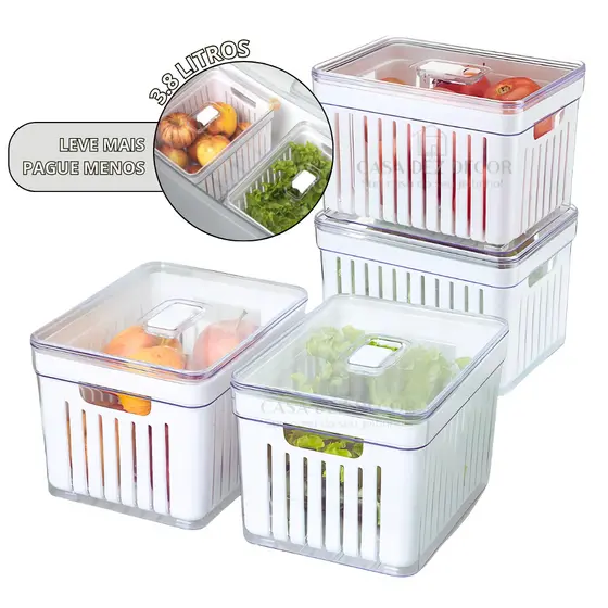 Kit Organizadores de Geladeira 3,8 Litros Cesto Com Tampa Multiuso Alimentos Verduras e Vegetais