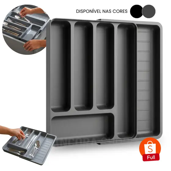 Organizador de Gaveta Porta Talher com Extensor de Utensílio de Cozinha 36x28cm 6 Compartimentos