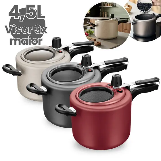 Panela de Pressão 4,5L Antiaderente com Visor de Vidro na Tampa 12cm Grande Grafite / Cereja / Perola 4,5 Litros MTA