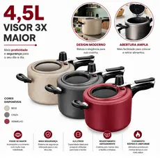 Panela de Pressão 4,5L Antiaderente com Visor de Vidro na Tampa 12cm Grande Grafite / Cereja / Perola 4,5 Litros MTA