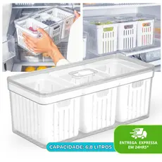 Organizador de Geladeira Cesto Triplo 6,8 Litros com Tampa 3 Cestos Para Legumes Frutas e Vegetais