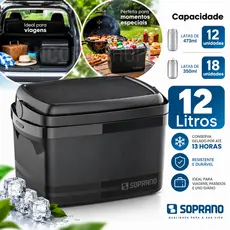 Caixa Térmica Cooler Soprano 12L com Alça Tampa Porta Latas Bebidas Praia Camping Alimentos e Sorvetes Preta 12 Litros