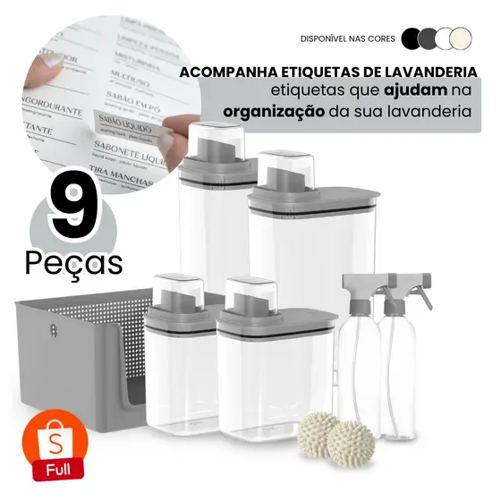 Kit Organizador de Lavanderia 10 Peças Dispenser 1,5L + 2,3L 3 Borrifadores 500ml Cesto 16L 2 Esferas Seca Roupa