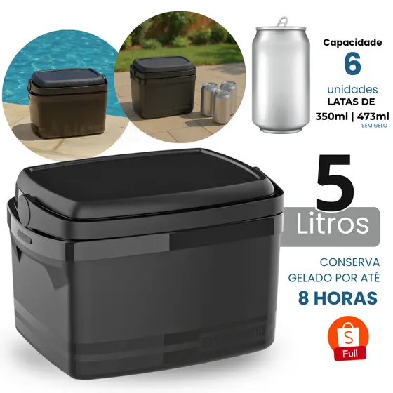Caixa Térmica 5 Litros Portátil com Alça Para Praia Camping Viagem Lancheira Bebidas Sorvete Alimentos Cooler 5L Preto