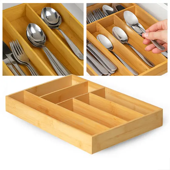 Organizador de Gaveta Porta Talher Separador de Talheres de Cozinha 6 Divisórias Bambu 30cm x 38cm