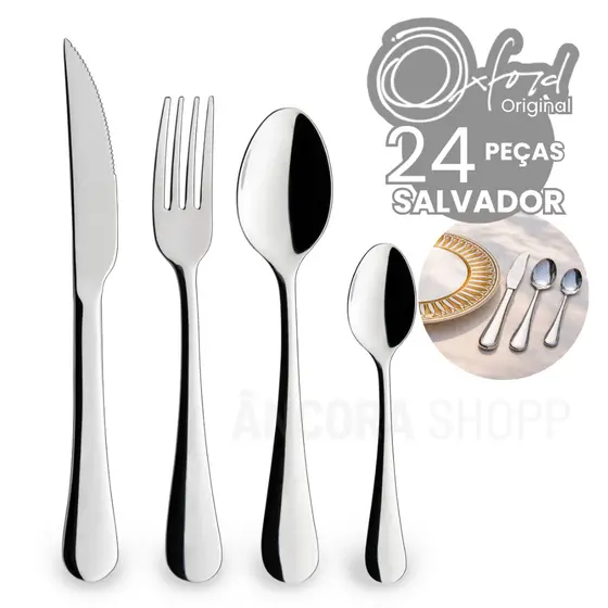 Jogo de Talheres Inox 24 Peças Oxford Salvador Colher Faca Garfo Prata Faqueiro Premium e Elegante