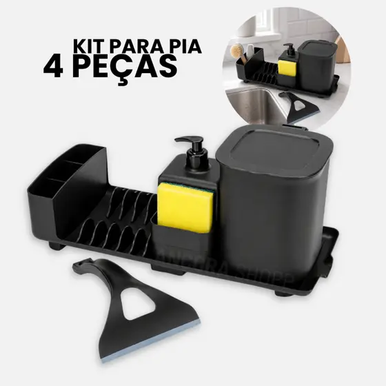 Kit Cozinha 4 Peças Porta Talher Escorredor de Pratos Lixeira 2,5L Porta Detergente Rodinho de Pia