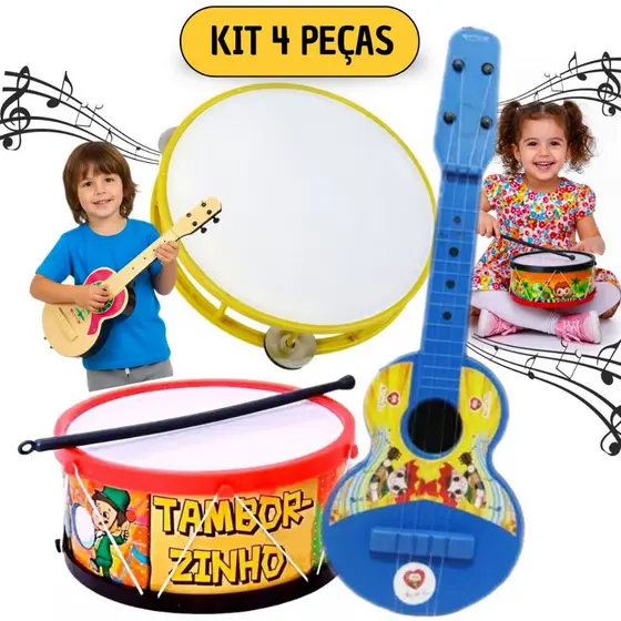 Kit Musical Infantil Brinquedo Tambor + Pandeiro + Viola