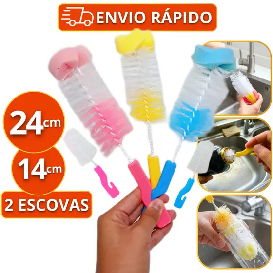 Kit 2 Escovas Para Lavar Garrafa Mamadeira Bico Espuma 24cm