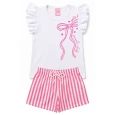Conjunto Infantil Verão Feminino Laço Rosa - Branco