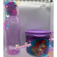 Kit Infantil Garrafa Mini Eco e Redondinha Pequena Sereia Ariel Disney Lilás Tupperware® Importada