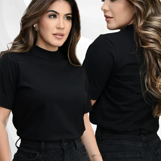 T-SHIRT GOLA ALTA FEMININA MENEGOTTI 100% ALGOD脙O