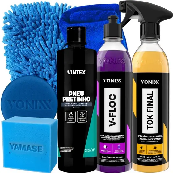 Kit Pneu Pretinho Shampoo V-Floc Cera Tok Final Carnauba Vonixx