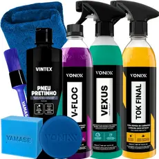 Kit Limpeza Automotiva Shampoo V-Floc Cera de Carnaúba Tok Final Vexus Limpeza Motor Rodas Pneu Pretinho Vintex 500ml