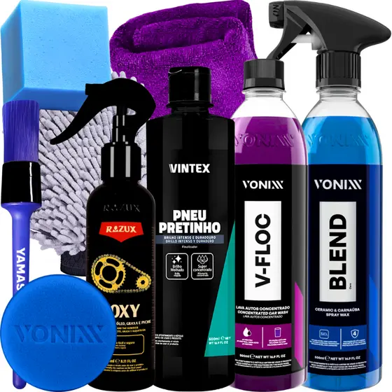Kit Produto para Lavar Moto Fosca Cera Shampoo Desengraxante Pretinho Limpador de Corrente Vonixx