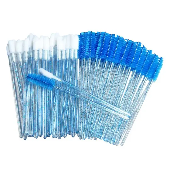 Kit 50 Escovinha + 50 Pincel Aplicador Gloss Azul c/ Glitter