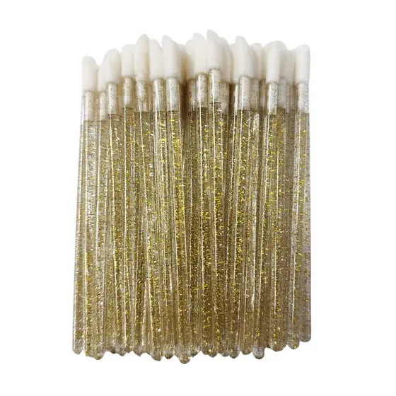100 Pincel Aplicador Batom e Maquiagem Gloss Descartável Transpparente com Glitter Dourado