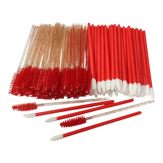 Kit 50 Escovinha Cílios Vermelha com Glitter+ 50 Pincel Aplicador Gloss Vermelho