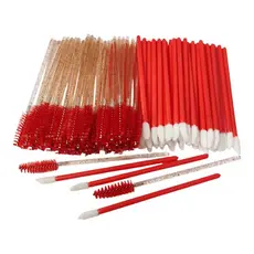 Kit 50 Escovinha Cílios Vermelha com Glitter+ 50 Pincel Aplicador Gloss Vermelho
