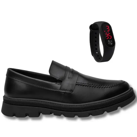 Sapato Masculino Loafer Solado Tratorado + Relógio
